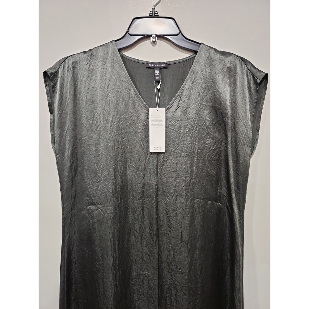 Eileen Fisher NWT Dress Womens XS Textured Satin Emerald Green Sleeveless New